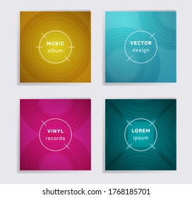 Cool vinyl records music album covers set. Semicircle curve lines patterns. Futuristic creative vinyl music album covers, disc mockups. DJ records disc vector mockups. Techno party posters.