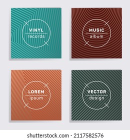 Cool vinyl records music album covers set. Halftone lines backgrounds. Simple creative vinyl music album covers, disc mockups. DJ records geometric layouts. Posters material design.