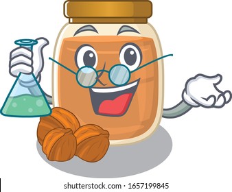 Cool walnut butter Professor cartoon character with glass tube