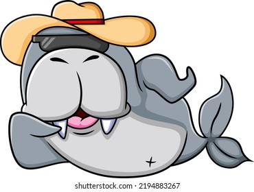 The cool walrus is laying down in the beach and wearing the sunglasses and straw hat of illustration