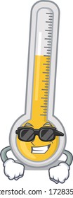 Cool warm thermometer cartoon character wearing expensive black glasses