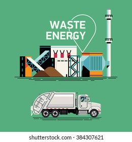 Cool Waste Energy Vector Elements With Garbage Rear Loader Truck And Waste Processing Power Plant