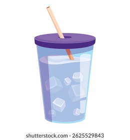 Cool water with ice cubes in a reusable plastic cup, promoting hydration and sustainability with a wooden straw and purple lid