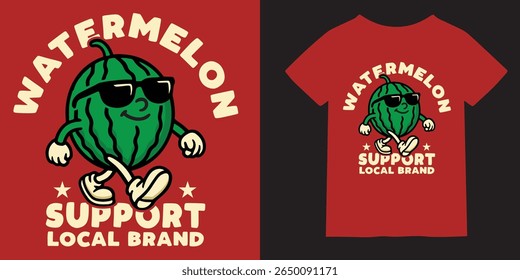 Caractere de melancia legal T-Shirt Design Suporte de Fruta Engraçada da Marca Local, Desenho Animado de Comida de Verão, Retro Estilo Vintage Impressão para Vestuário