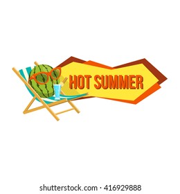 Cool watermelon in sunglasses and text. Bright summer badge for your design. Easy to edit vector template.