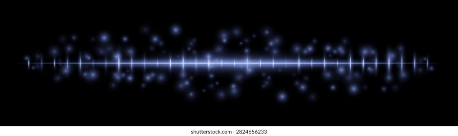 Cool waveform pulse. Horizontal icy-blue light streak with surrounding glowing particles creates digital signal effect.