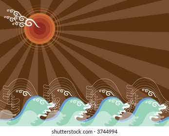 cool waves and brown sun (vector) - illustrated background