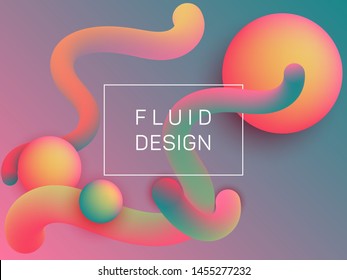 Cool wavy fluid and spherical gradient shapes presentation cover. 3d motion concept background, spheres and curve shapes flow. Gradient fluid elements organic design. Science wallpaper graphics.