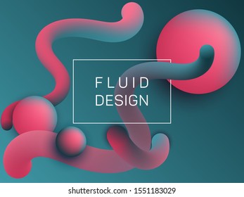 Cool wavy fluid and spherical gradient shapes banner template. 3d motion concept background, bubbles and curve shapes flow. Gradient fluid elements organic design. Chemical wallpaper.