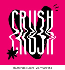 Cool wavy text of Crush. Concept of romantic love. Y2k hand drawn textured poster. Ready card for Valentine's day in trendy psychedelic style. Vector print for graphic tee, streetwear, hoodie.