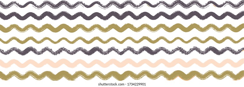 Cool Wavy Zigzag Stripes Vintage Pattern. Autumn Winter Bright Fashion Textile. Cool Vector Watercolor Paint Lines. Paintbrush Lines Texture. Spring Summer Graffiti Stripes. Torn Distress Trace.