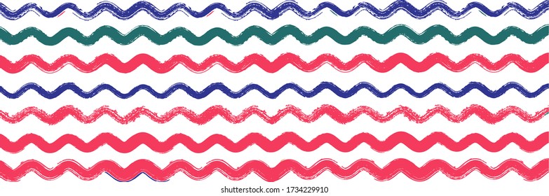 Trazado de cosecha de zigzag de onda suave patrón de vintage. Líneas de pintura de color de agua de vectores frío. Invernal Funky Fashion Textile. Rayas de socorro de verano de primavera. Textura de líneas de pincel. Rastro de Graffiti Sucio.