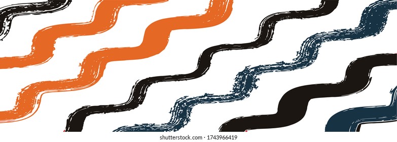 Cool Wavy Zigzag Stripes Vintage Pattern. Hand Painted Lines Banner. Dirty Vector Watercolor Paint Lines. Summer Spring Graffiti Stripes. Torn Distress Trace. Autumn Winter Funky Fashion Fabric.