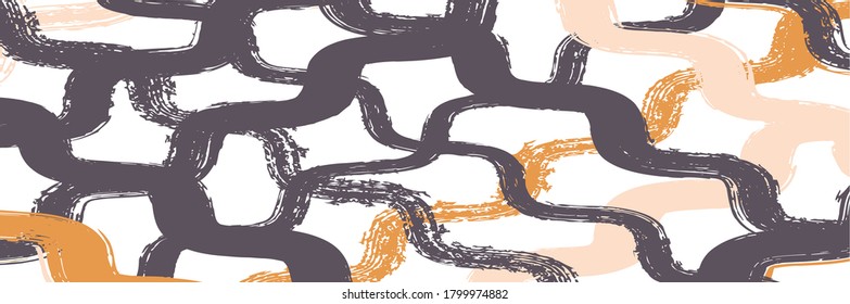 Cool Wavy Zigzag Stripes Vintage Pattern. Hand Drawn Lines Banner. Dirty Distress Trace. Spring Summer Graffiti Stripes. Winter Autumn Bright Fashion Textile. Torn Vector Watercolor Paint Lines.