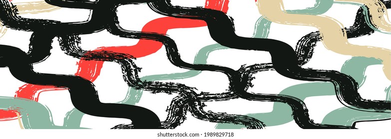 Cool Wavy Zigzag Stripes Vintage Pattern. Dirty Vector Watercolor Paint Lines. Cool Graffiti Trace. Spring Summer Distress Stripes. Winter Autumn Modern Fashion Fabric. Gouache Ink Lines Banner.