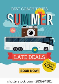 Cool web banner or printable wall art template on Best coach bus tours summer late deals. Ideal for travel agency promotions and special offer announcements 