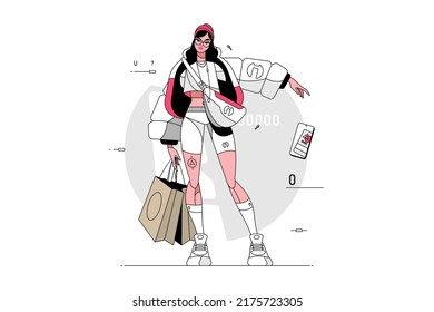 Cool well dressed girl in jacket vector illustration. Stylish young woman in white outfit with shopping bags flat style. Trend, fashion, good taste in clothes concept. Isolated on white background