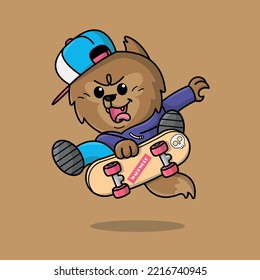 COOL WEREWOLF IS JUMPING WITH HIS SKATE BOARD CARTOON ILLUSTRATION