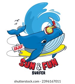 Caricatura de ballena fría surfeando en una gran ola con tabla de surf amarilla aislada en un vector de ilustración de fondo blanco, camisetas gráficas para niños.