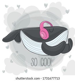 cool whale wearing a pink earphones
