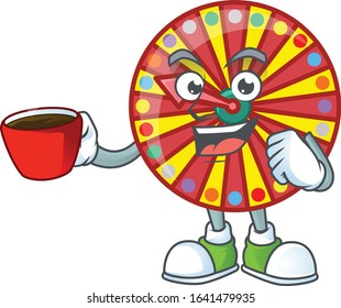 Cool wheel fortune cartoon character with a cup of coffee