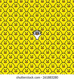 Cool White Chick wearing Black Round Rimmed Glasses surrounded by many identical Yellow chicks Staring at Camera