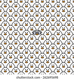Cool White Chick wearing Round Black Framed Glasses surrounded by many identical Yellow chicks Staring at camera
