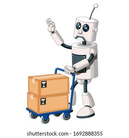 Cool White Cyborg Robot Carrying Two Box Packages With Trolley Cartoon