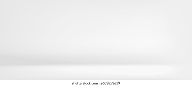 Cool white room background. 3d vector winter studio display podium. Light grey color winter gradient bg. Product table shelf. Clean aesthetic photo shoot backdrop. Realistic snow color stage scene.