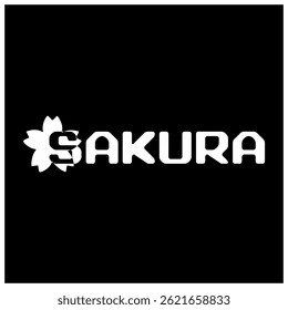 Cool white SAKURA text vector, 3D concept, black background.