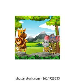 Cool Wildlife Animals In Forest Grass Field With Trees, Flower, And Mountain Range Background View Cartoon