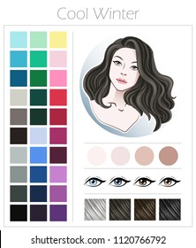 Cool winter. Color type of appearance of women. With a palette of colors suitable for this type of appearance. 