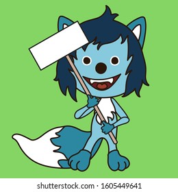 cool wolf with blue wolf stands and holds in his hands a sign on a stick, vector color clip art on green isolated background