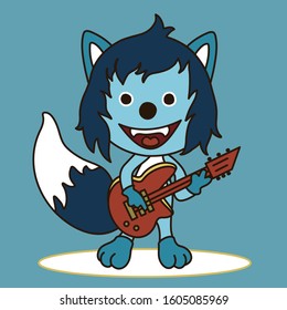 cool wolf with blue wool plays electric guitar, vector emoji in color, simplified colorful emoticon
