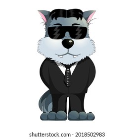 Cool wolf or dog dressed up in black suit and glasses, business cartoon character, sticker emoji for web, chat, messenger. Vector illustration.