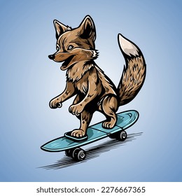 Cool Wolf Doing Sport and Skating With Skateboard Vector Illustration