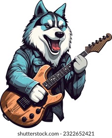 Cool wolf play electric guitar sticker, white background