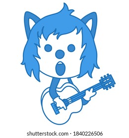 cool wolf plays acoustic guitar and sings, vector emoticon in color, simplified colorful emoji on white isolated background