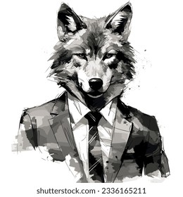 Cool Wolf in strict suit and tie. Business concept. Fashionable animals. Serious and scary. Head. Boss. Portrait. Bright color with white background.