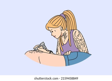 Cool woman artist with special equipment make tattoo of client back. Smiling female draw ink tattoo on customer body in saloon. Hobby and self-expression. Vector illustration. 