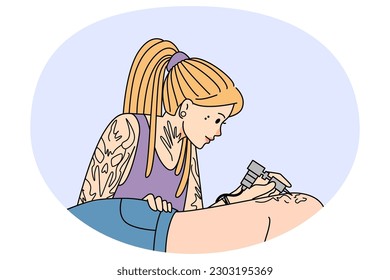 Cool woman artist with special equipment make tattoo of client back. Smiling female draw ink tattoo on customer body in saloon. Hobby and self-expression. Vector illustration.