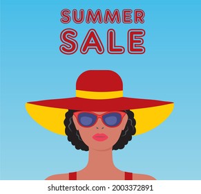 Cool woman with big hat and sunglasses. Vector illustration.