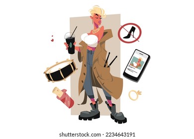 Cool woman drummer drinking coffee vector illustration. Stylish female musician in casual clothes. Rhythmical musical instrument flat concept