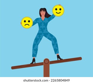 Cool woman with emotion symbols on teeter board. Holding the happy face highest. Vector illustration.
