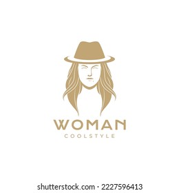 cool woman long hair with hat modern logo design vector