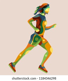 cool woman with long hair running in full colours pop art illustration