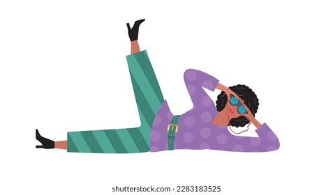 Cool woman lying down, stretching and looking, searching through binoculars. Isolated. Vector illustration.