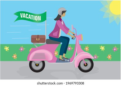 Cool woman on pink motorbike with flag with text vacation. Vector illustratration. EPS10.