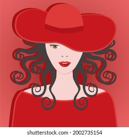Cool woman in red. Hat and curly hair. Vector illustration.