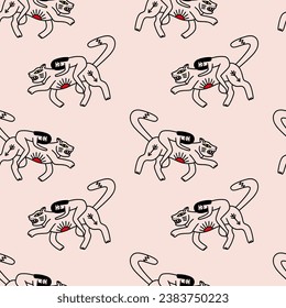 Cool woman riding a wild cat, girl and panther. Love, freedom, feminist concept illustration seamless pattern vector clipart, repeating image pattern pink background.